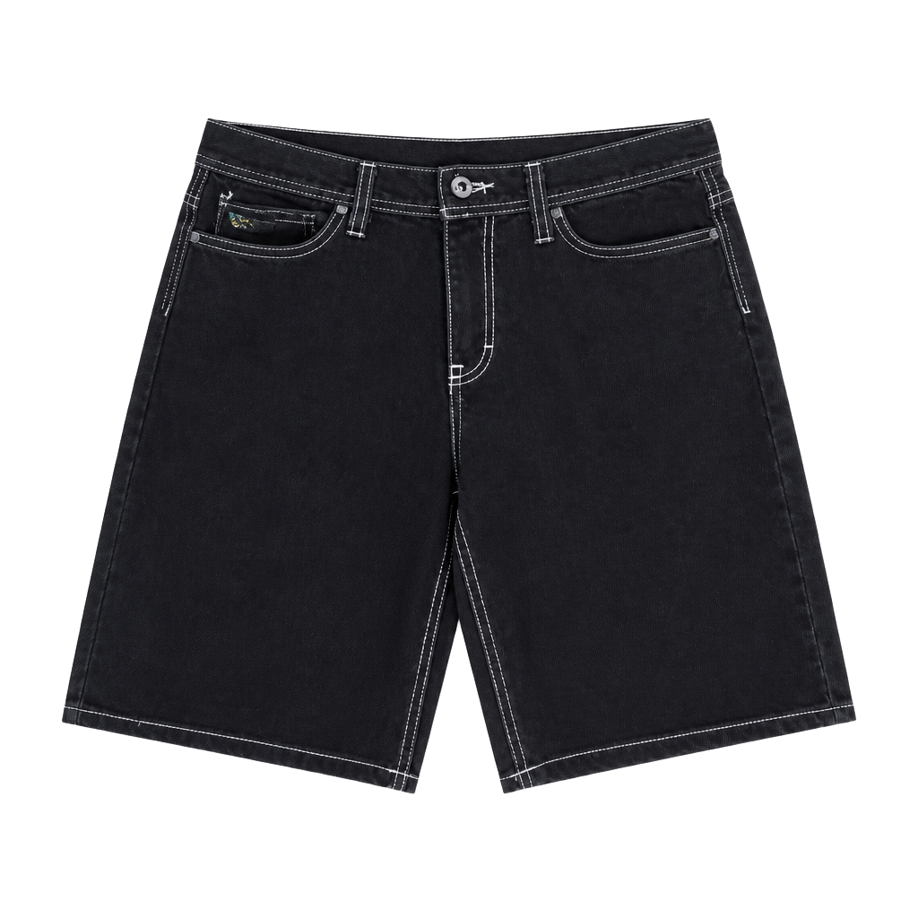 Empyre Boys Black Denim Skate Shorts with Fire Hydrant Graphic 1