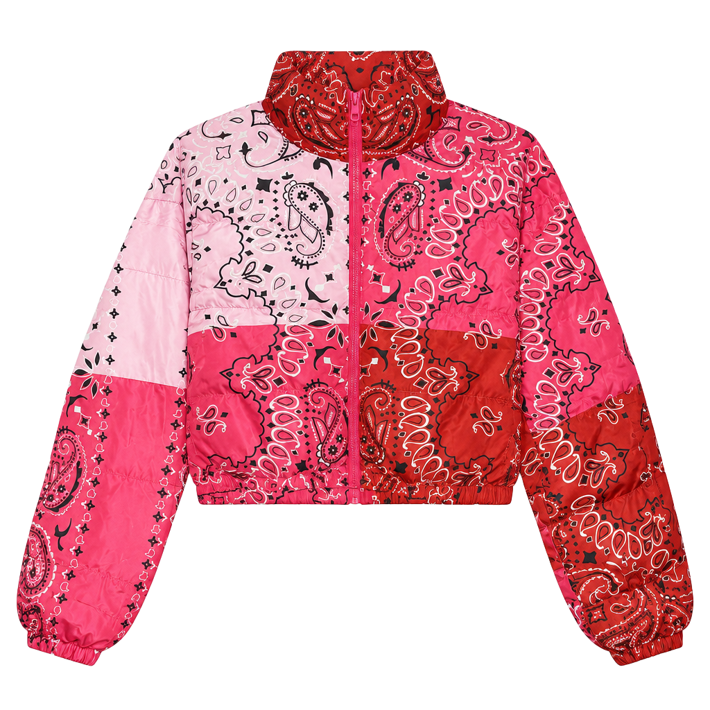 Bandana Print Puffer Jacket Pink Red 1