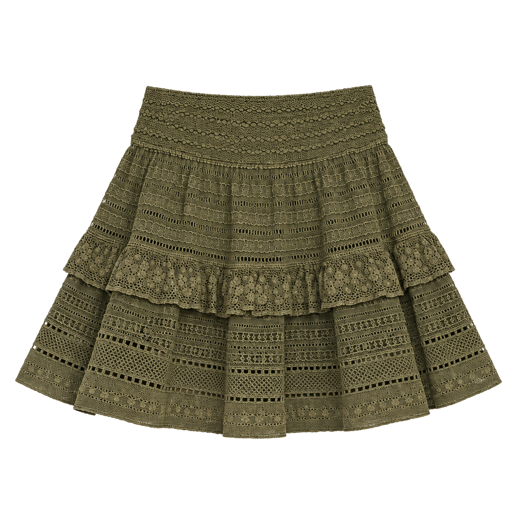 ๐ Free People Olive Crochet Lace Tiered Mini Skirt | Size Small | Boho Festival Skirt ๐ 1