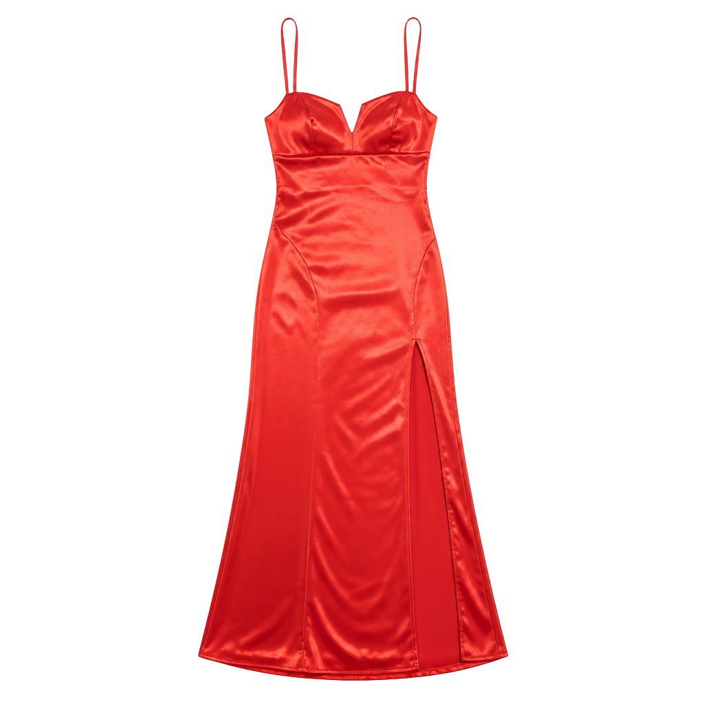 Red Satin V-Neck Spaghetti Strap Formal Gown with Thigh Slit 1