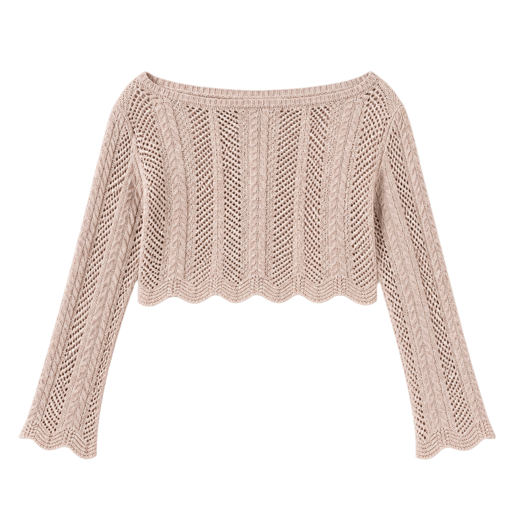 Pink Rose Beige Cropped Pointelle Cable Knit Sweater with Scalloped Hem 1