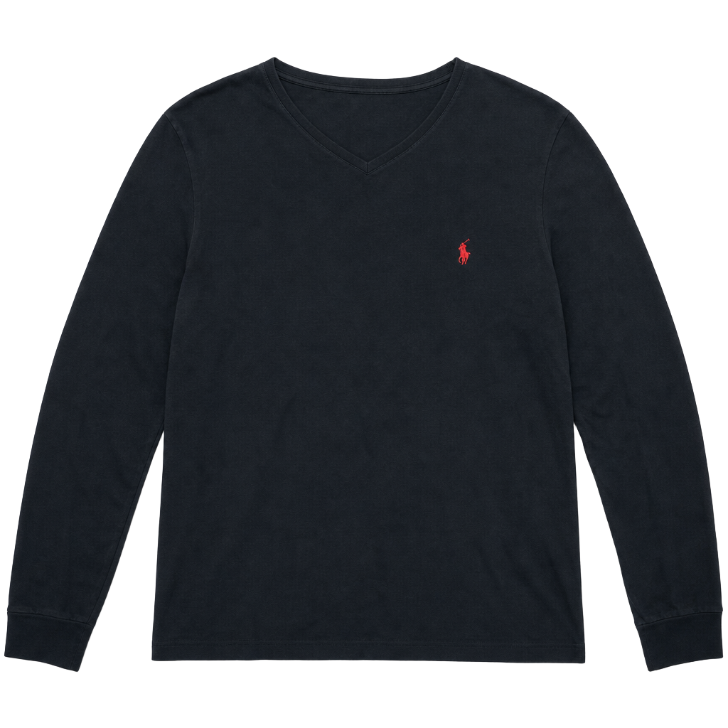 Polo Ralph Lauren Men's Black Long Sleeve V-Neck T-Shirt with Red Pony Logo 1