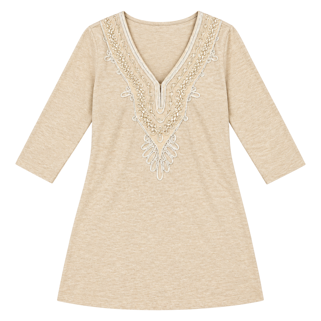 Lilly Pulitzer Clarkson Dress Heathered Camel Embroidered 3/4 Sleeve M 1