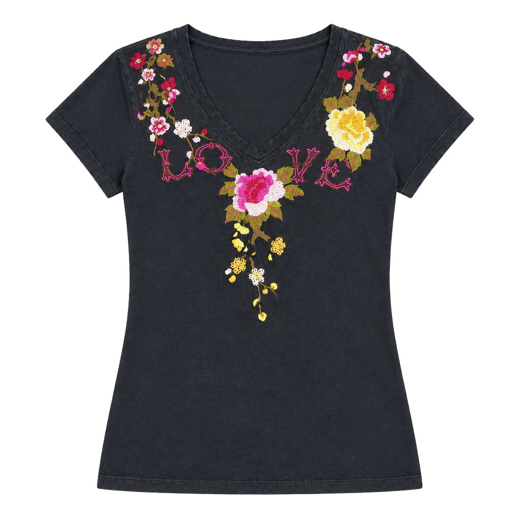 Johnny Was Estrella Tee Black Floral Embroidered V-Neck Top Medium 1