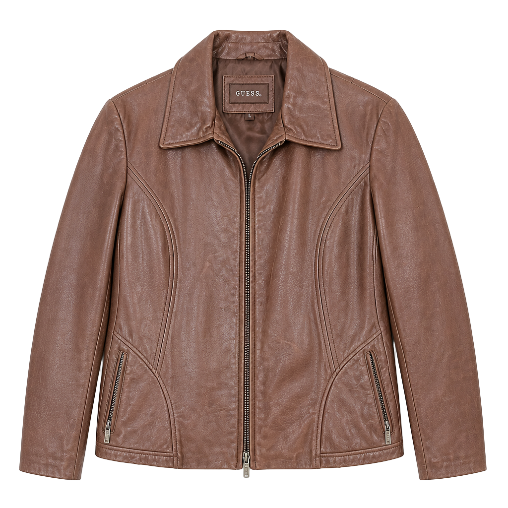 Guess Brown Genuine Leather Zip Front Jacket 1