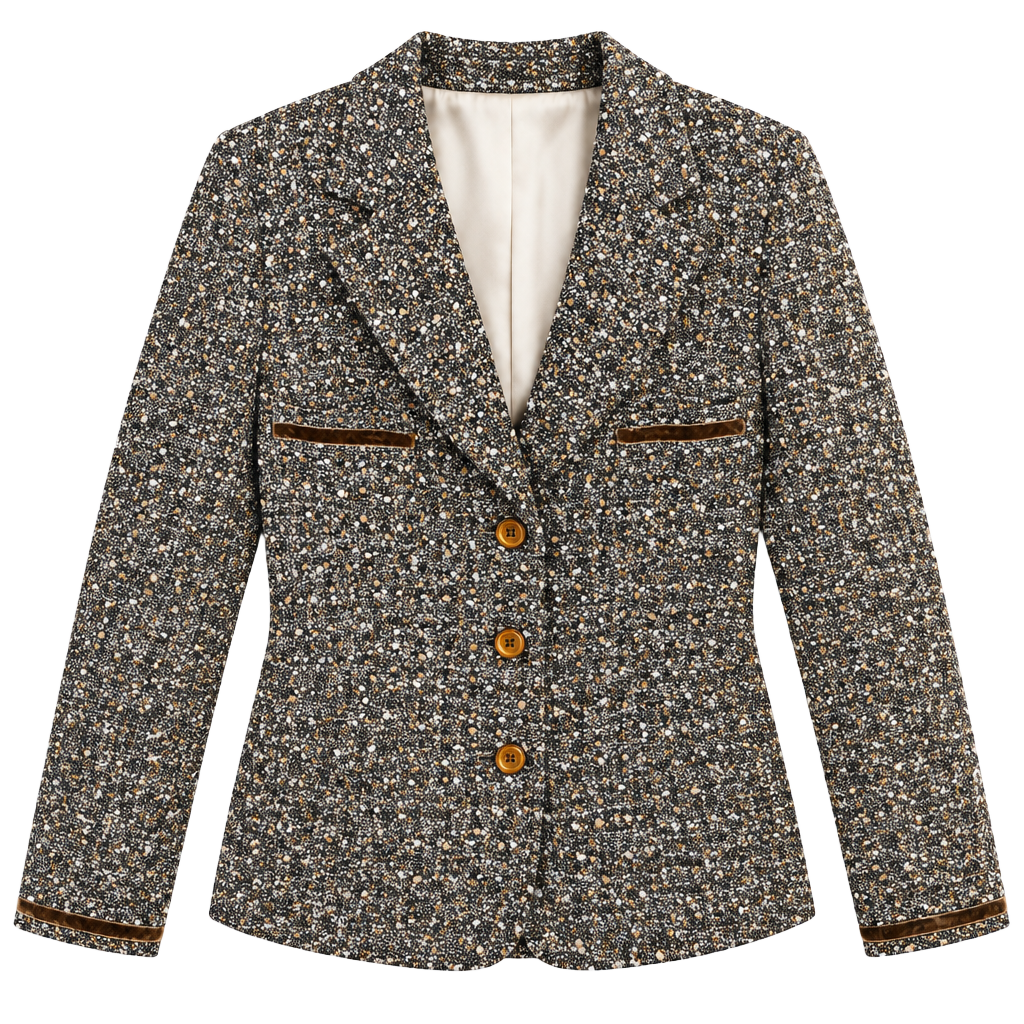 D. Exterior Tweed Blazer Jacket Brown Multi Velvet Trim 1