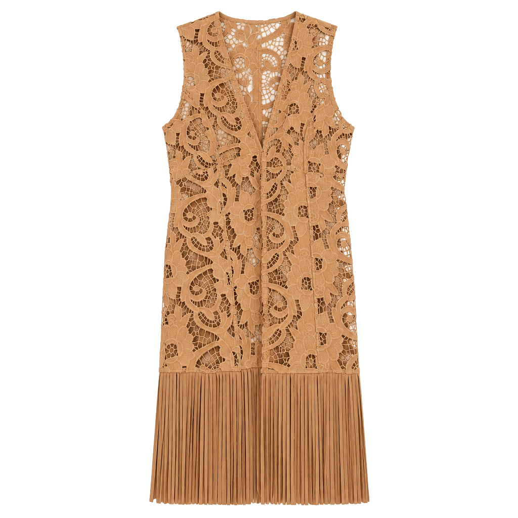 Shyanne Faux Suede Laser Cut Vest Size L Tan Fringe 1