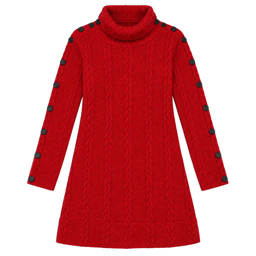 Reborn Cable Knit Turtleneck Sweater Dress Size M Red Grey Button Sleeve 1
