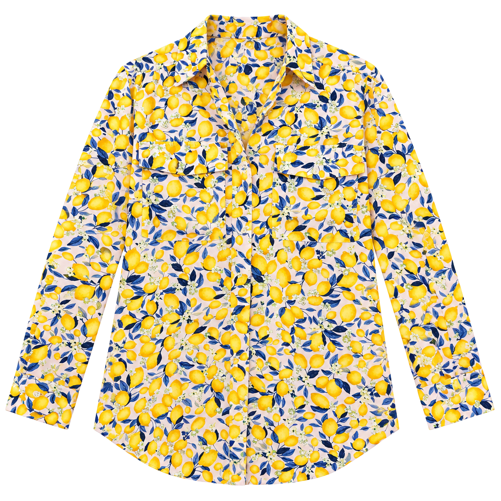 Ann Taylor Lemon Print Long Sleeve Blouse Size XL 1