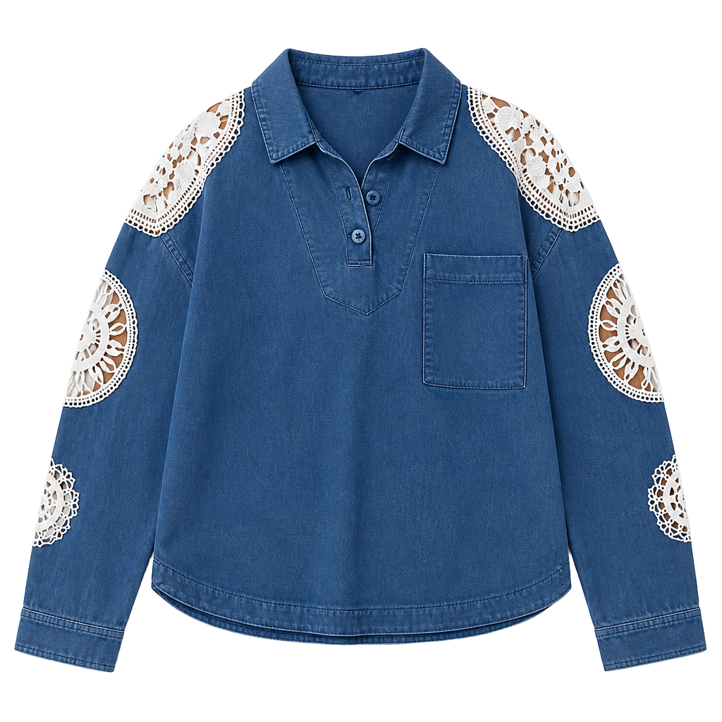 Free People Washed And Crafted Crochet Polo Shirt Blue 1