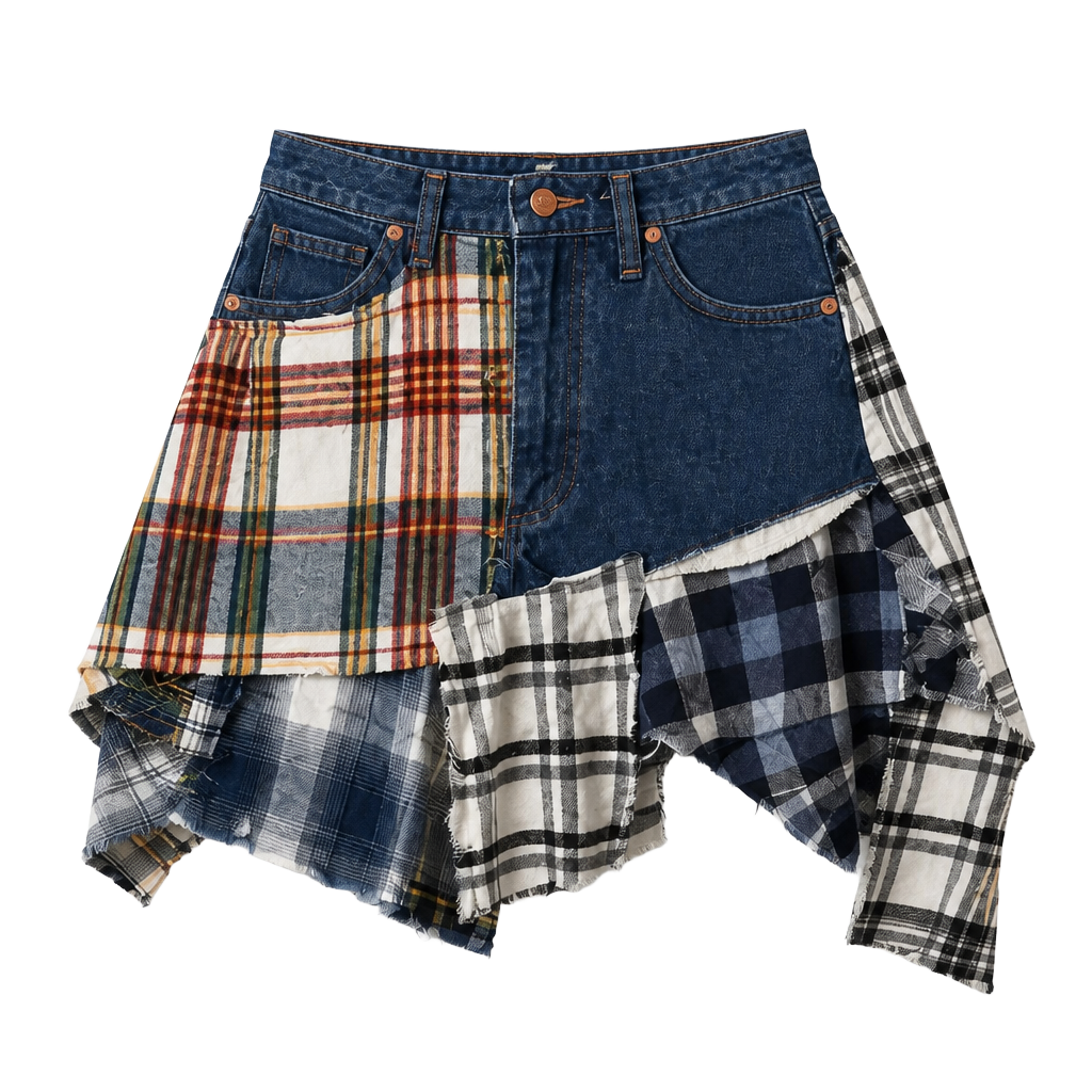 Wrangler ReMADE By UO Spliced Flannel Denim Mini Skirt 1
