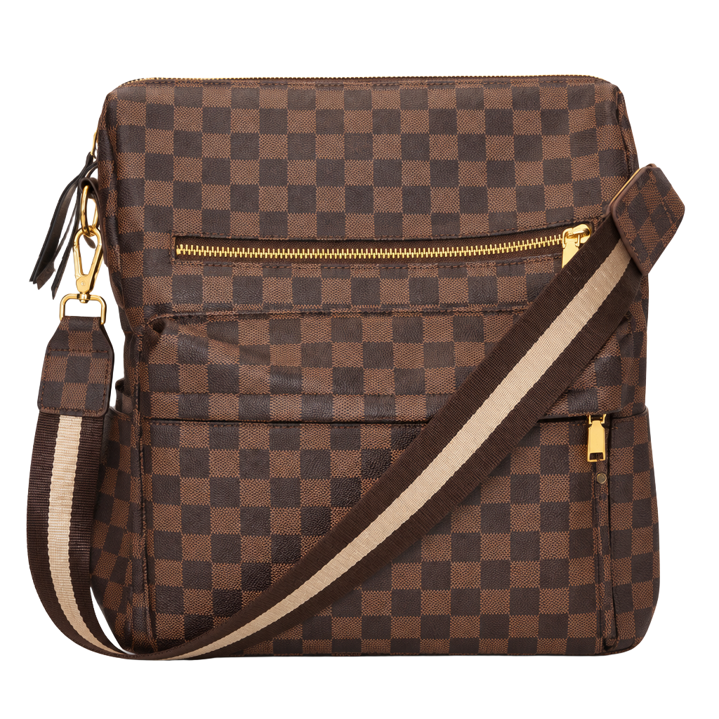 Checkered PU Backpack Brown Tassel Shoulder Bag 1