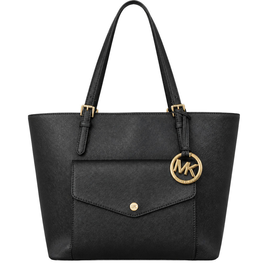 Michael Kors Jet Set Medium Leather Pocket Tote Black 1