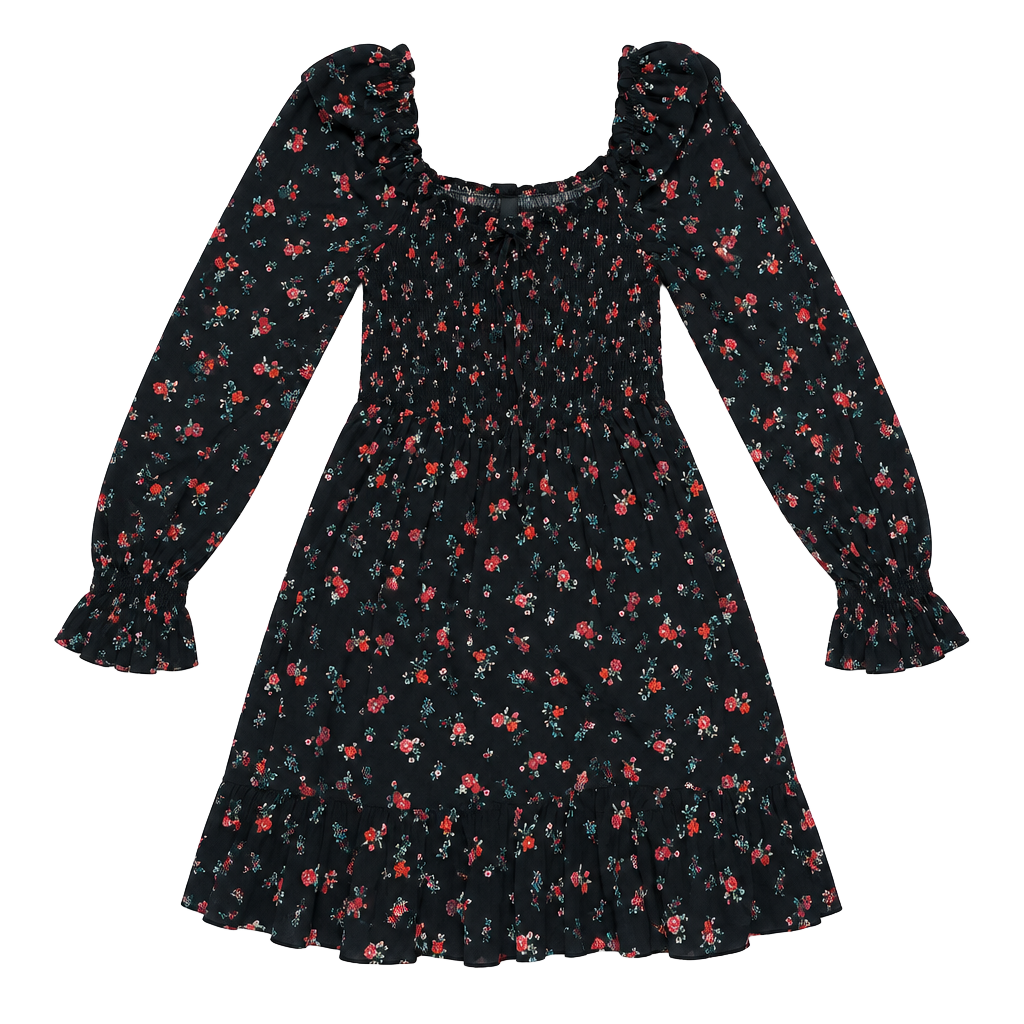 Wild Fable Floral Smocked Dress Size M Black Long Sleeve Ruffle 1