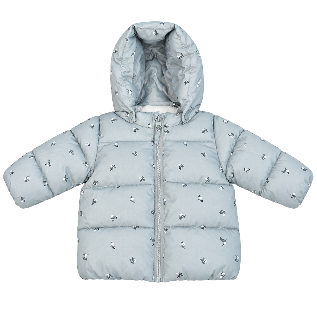 H&M Water-Repellent Puffer Jacket Size 9M Green Floral Hooded Coat 1