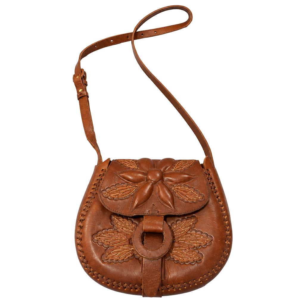 Vintage Artisan Tooled Leather Floral Crossbody Saddlebag Brown Boho 1