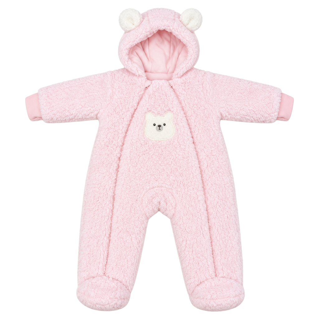 Baby Snowsuit Size 6-9M Pink Fleece Hooded Bear Pram 1