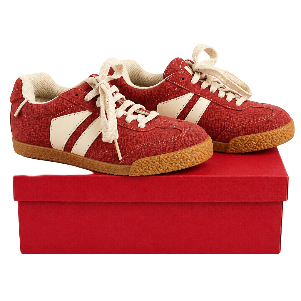 Women's Red Suede Lace-Up Sneakers with Cream Stripes 1