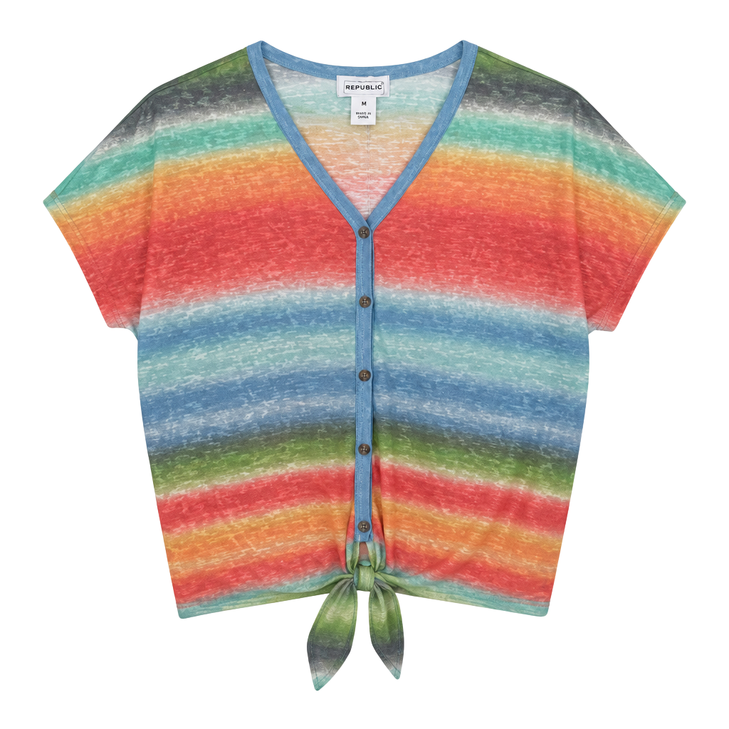 For The Republic Rainbow Striped Tie-Front Button Down Shirt 1