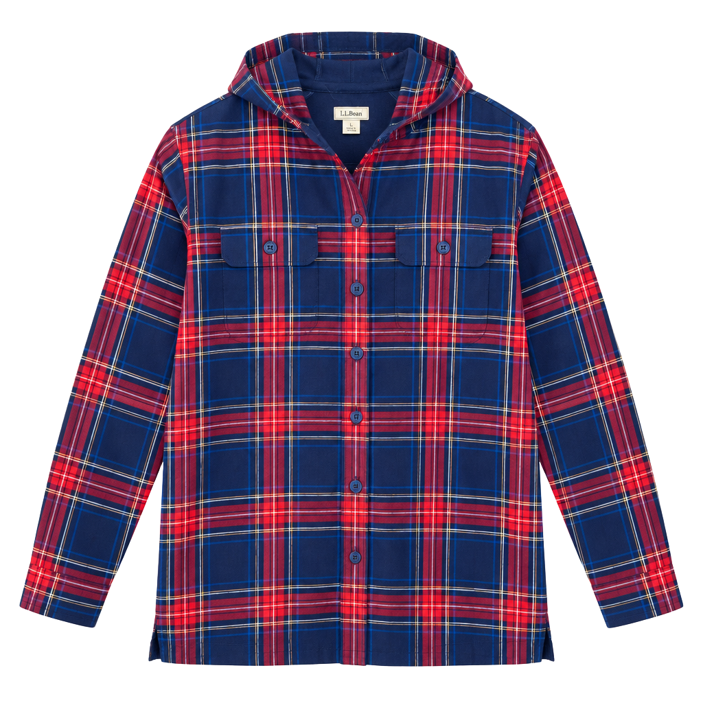 L.L. Bean Navy, Red and Yellow Plaid Hooded Button-Down Shirt 1