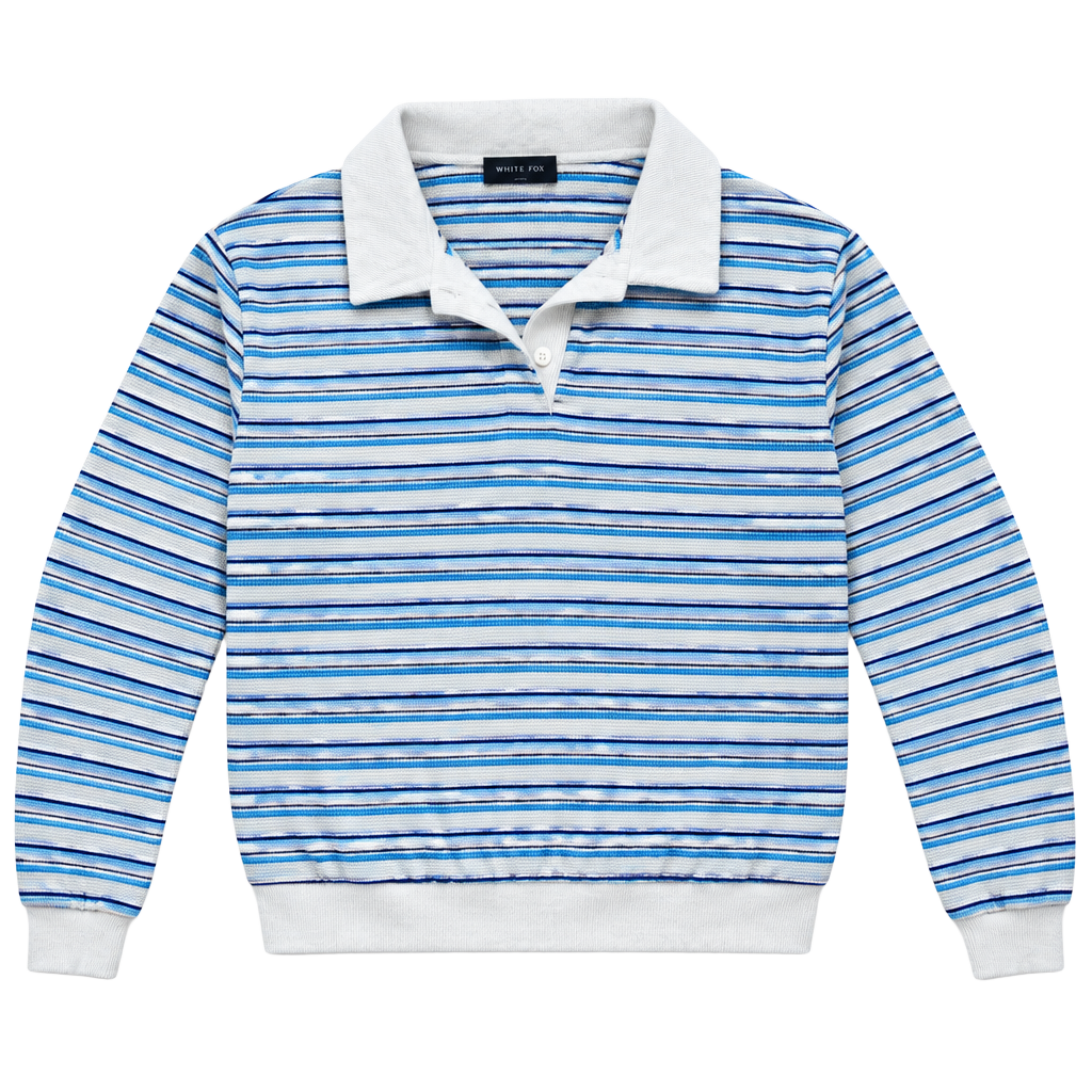 White Fox Blue White Striped Long Sleeve Polo Knit Rugby Top Slouchy Long sleeve 1