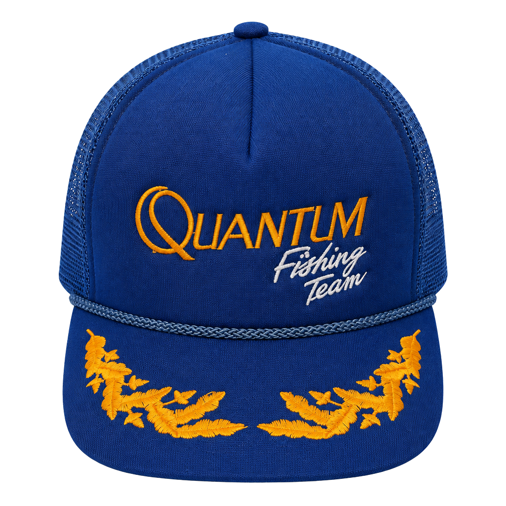 Vintage 80s Quantum Fishing Team Trucker Hat Snapback Blue Gold Cap 1