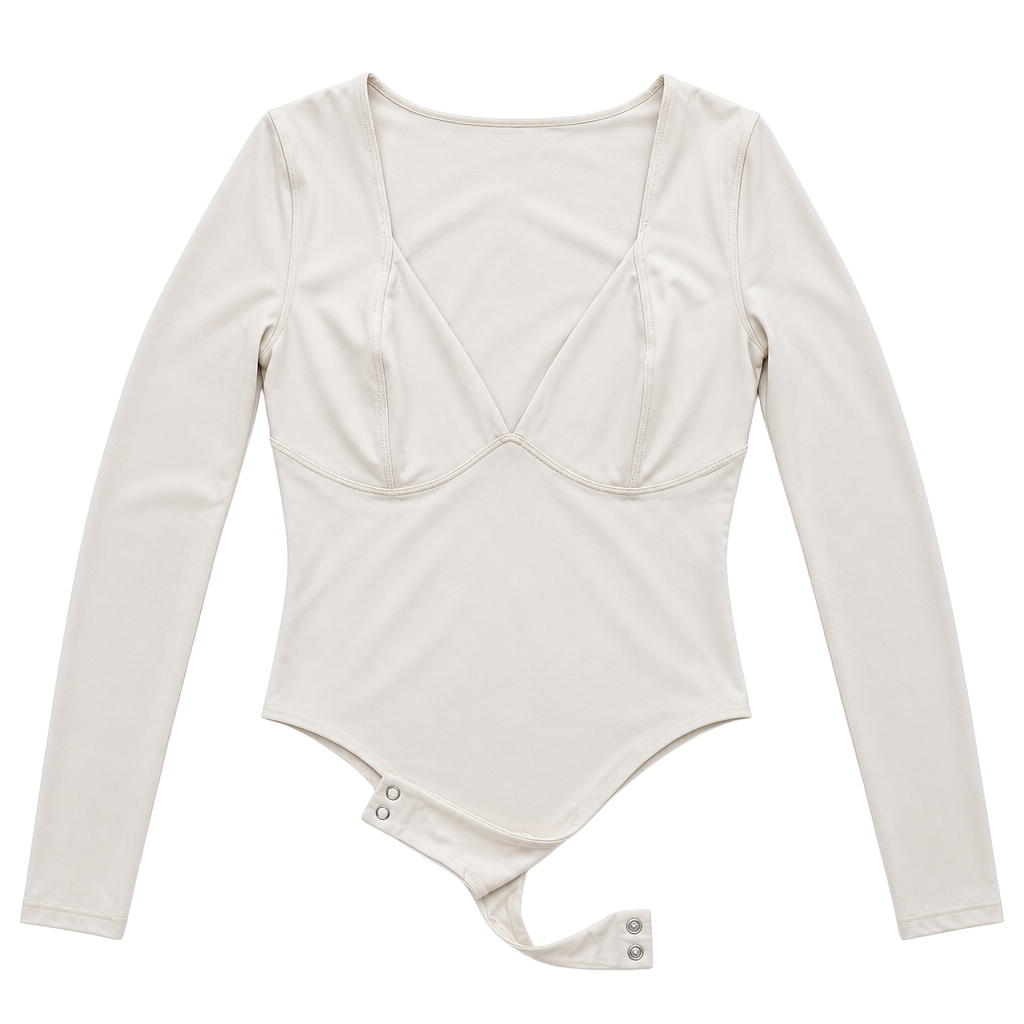 Seamless V-Neck Long Sleeve Bodysuit Tan Qinsen Medium 1