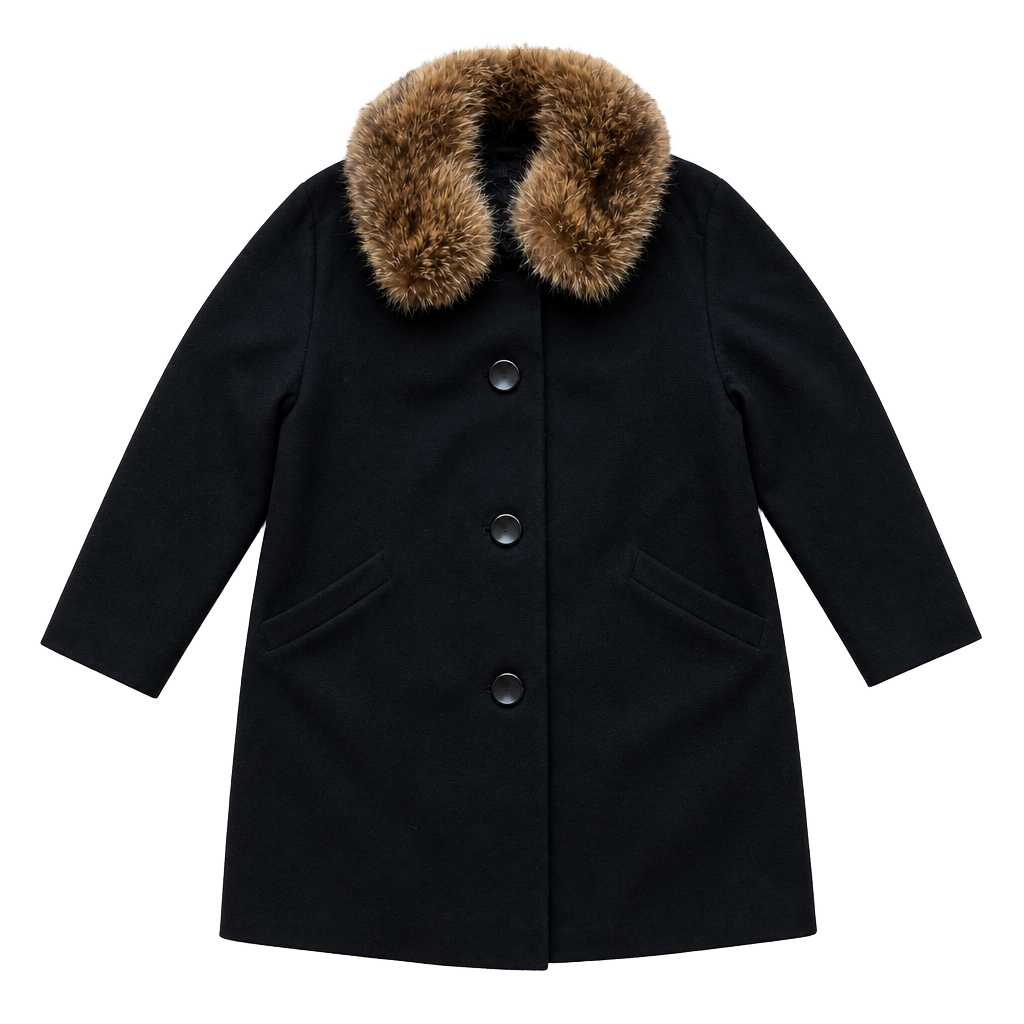 Vintage 60s Kennie Black Wool Car Coat Real Fur Collar Mid Century S/M 1