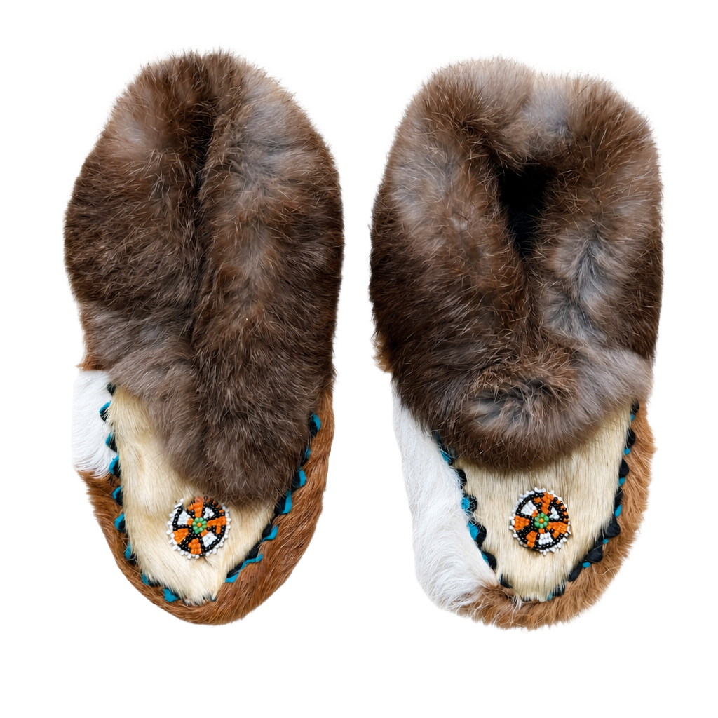 Vintage Native Handmade Fur Hair and Leather Moccasin Slippers 7- 7.5 1