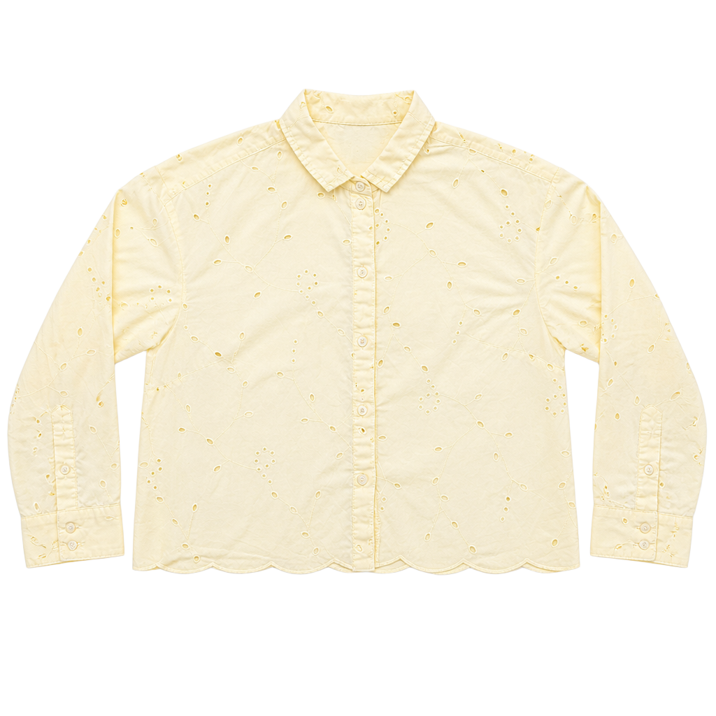 Butter Yellow 100% Cotton Eyelet Button Down Crop Blouse Long Sleeve 1