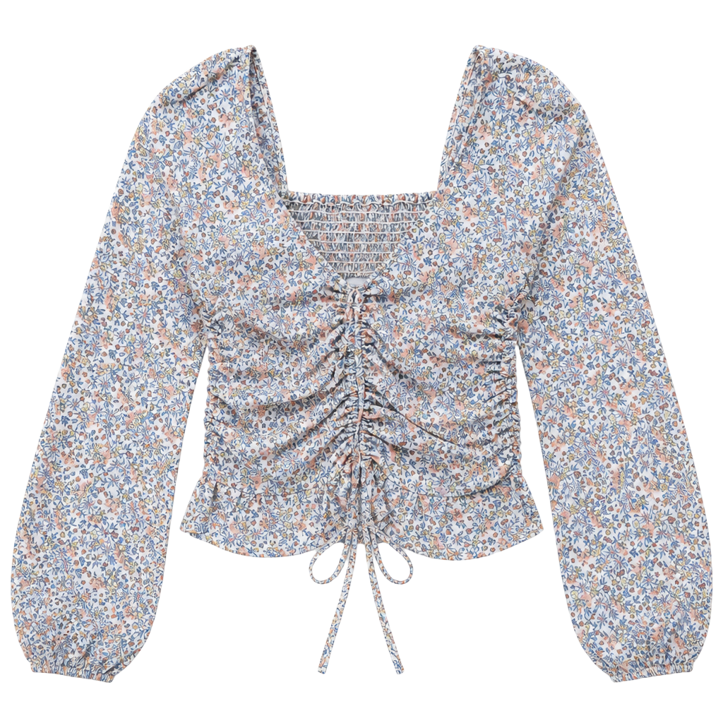 H&M Floral Long Sleeve Shirred Blouse Top Square Neck Boho 1
