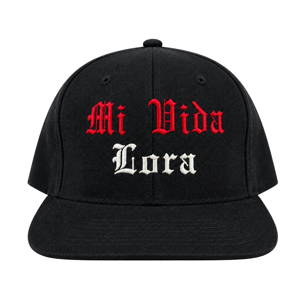 Custom Mi Vida Lora Snapback Hat Black Red White Old English 1