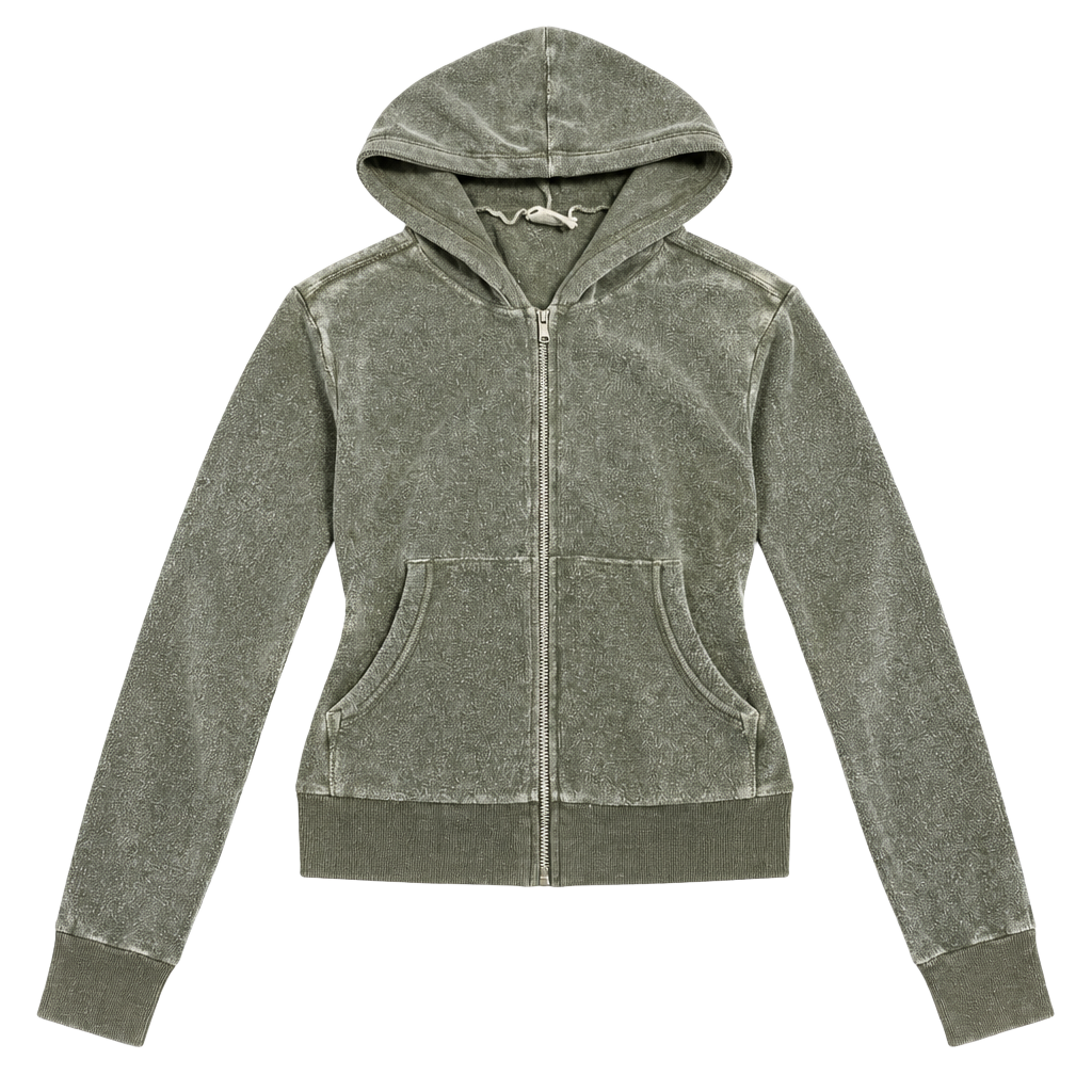 Velour Zip Up Hoodie Size M Green Cropped Long Sleeve 1