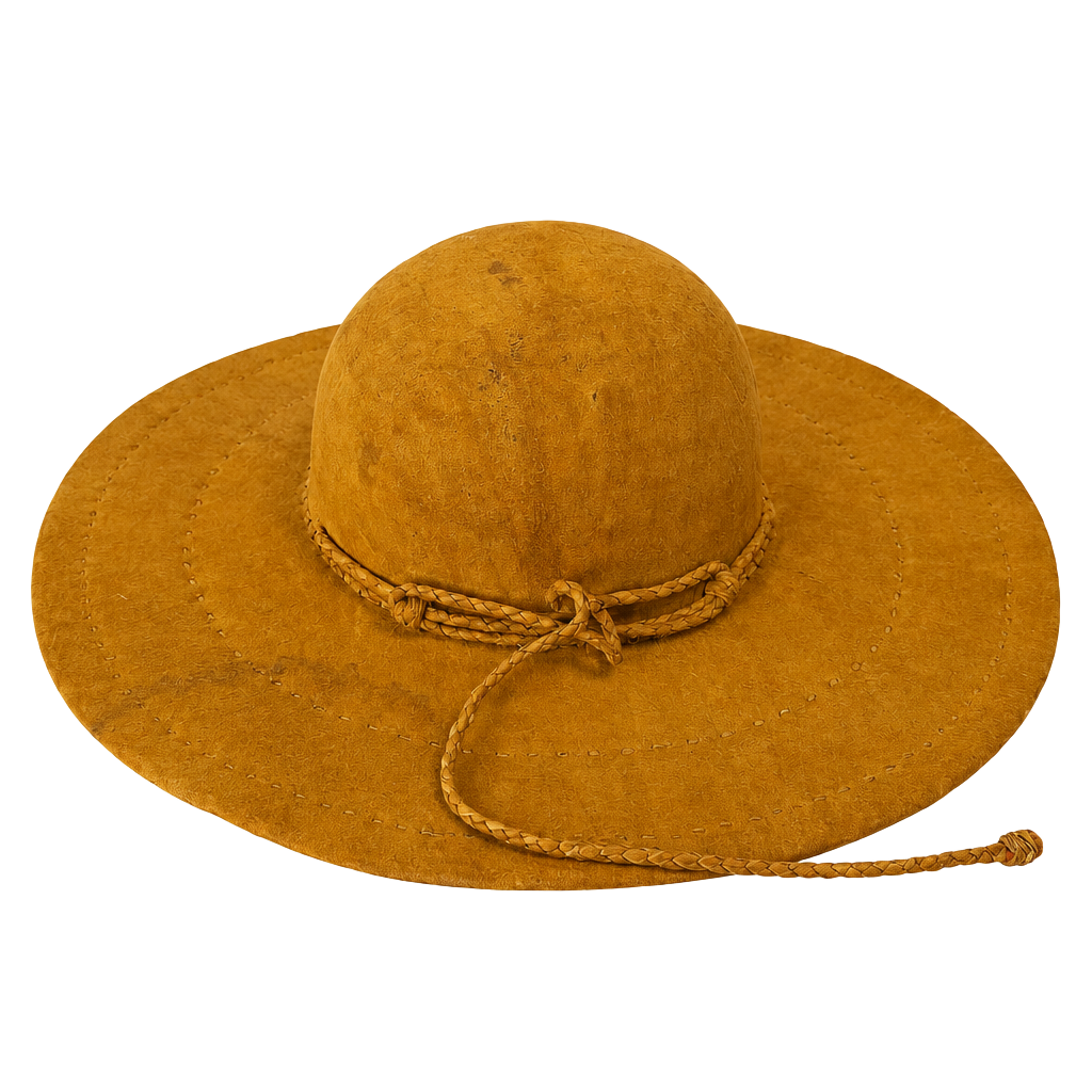 Vintage Mexican Made Suede Leather Sun Hat Brown Wide Brim Straw Lined 1