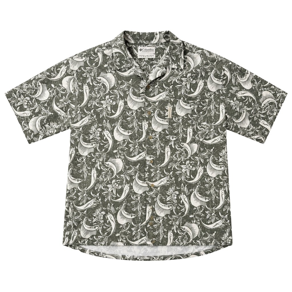 Columbia Vintage 90’s Fish Pattern Short Sleeve Golf Polo Shirt Green Men’s L 1