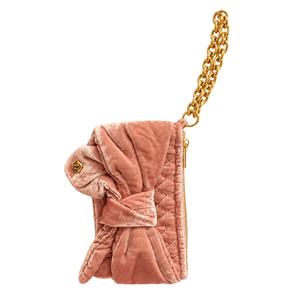 Juicy Couture Pink Bow Velvet Quilted Wristlet Clutch with Gold Hardware 1