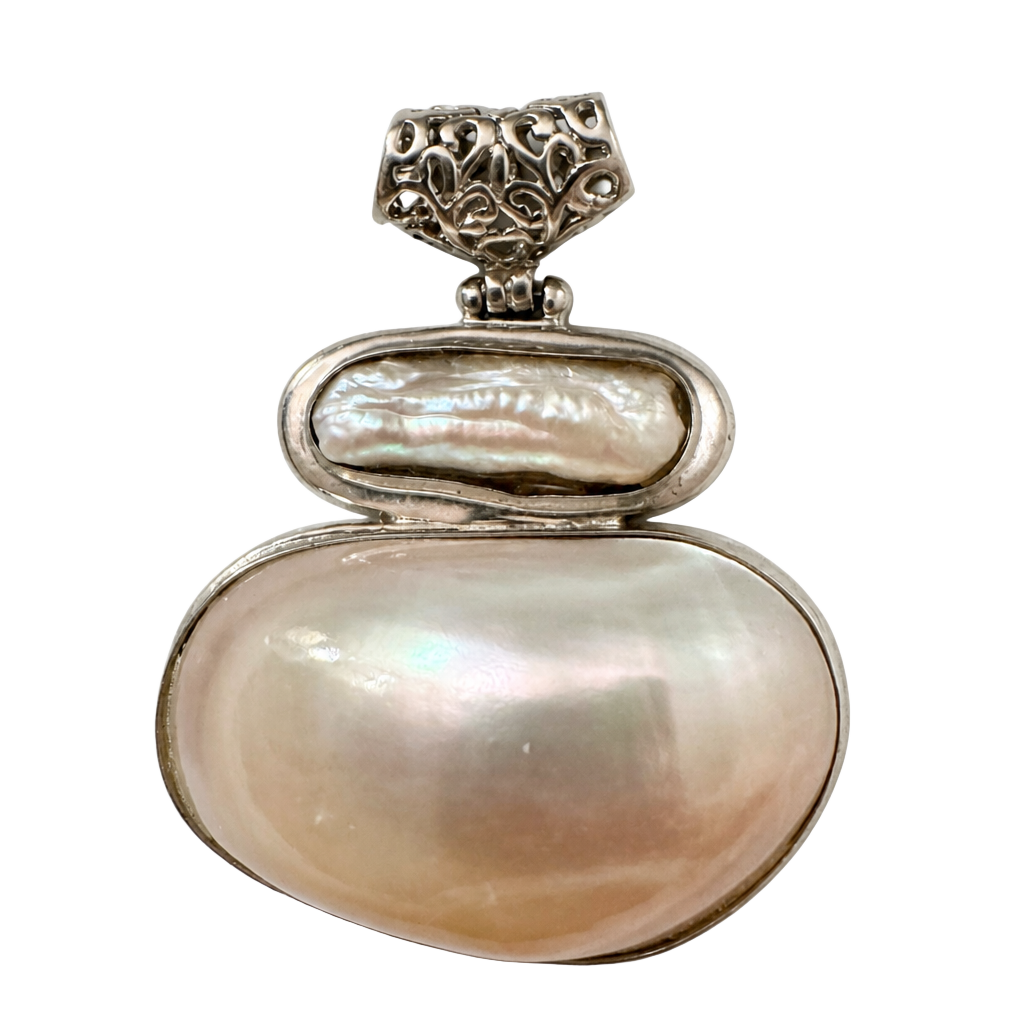 Mother-of-Pearl and Baroque Pearl Statement Pendant in Silver Tone 1
