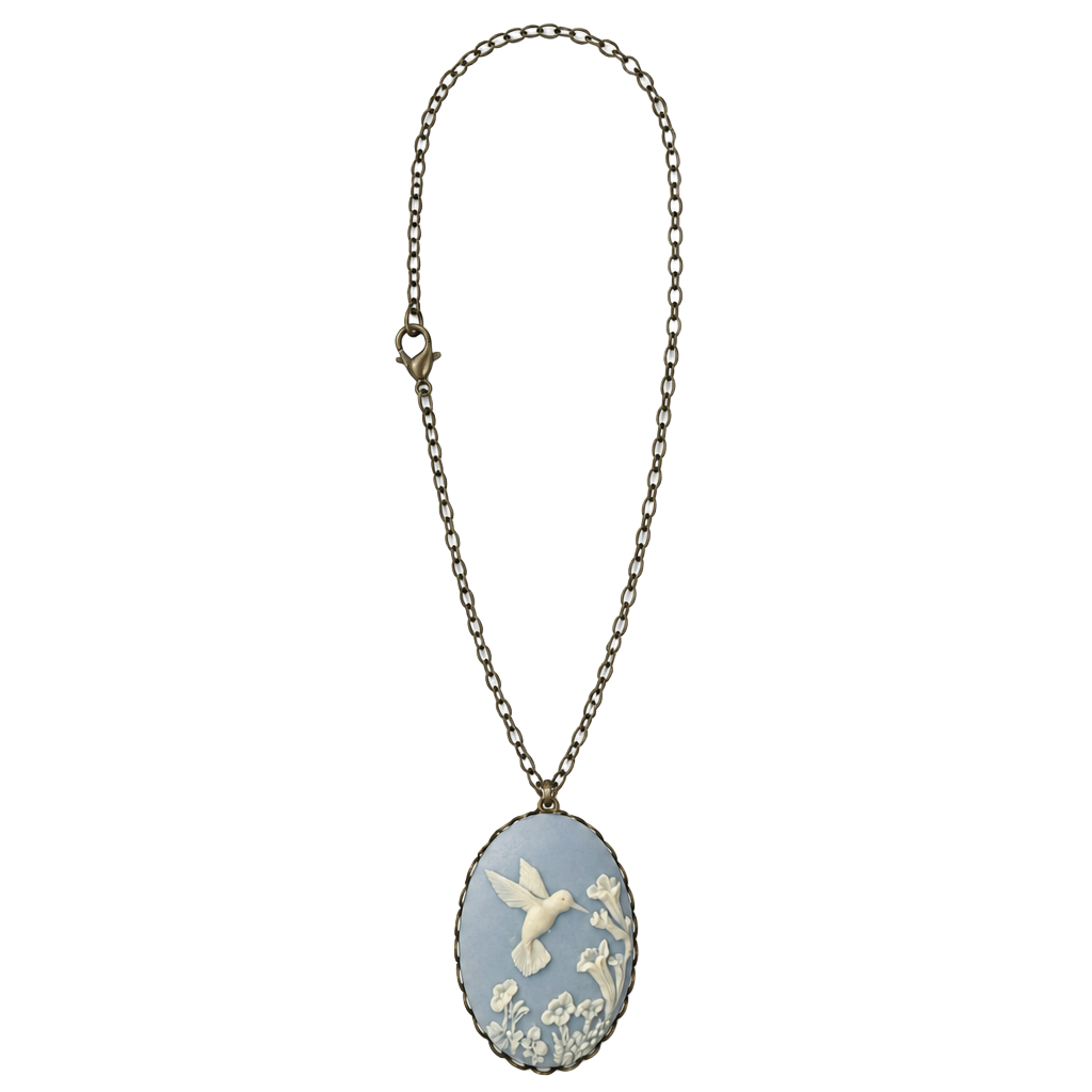 Vintage-Style Hummingbird Cameo Pendant Necklace on Antiqued Brass Chain 1