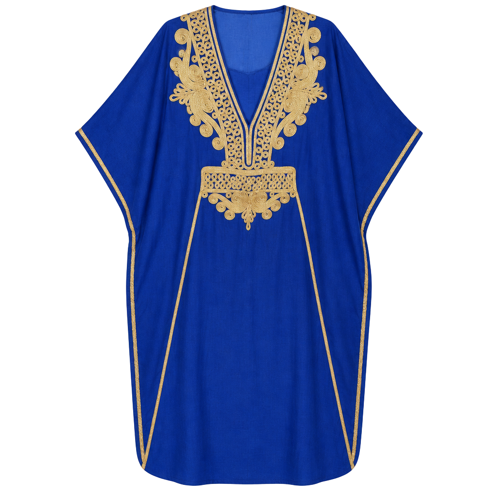 Vintage Moroccan Kaftan Dress Blue Gold Embroidered 1