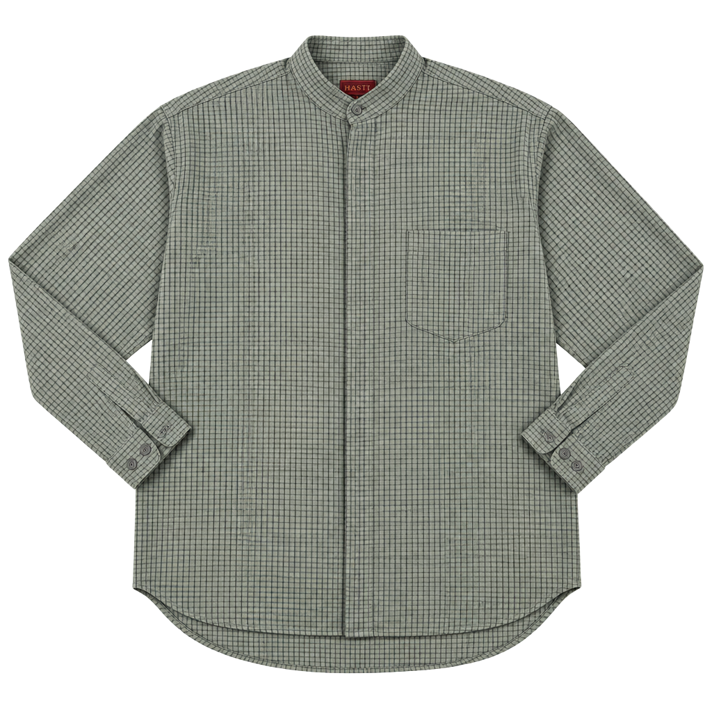 Hastings Long Sleeve Plaid Band Collar Shirt Size L Green 1