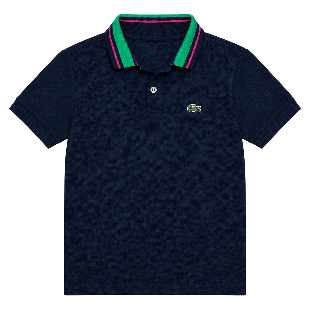 Lacoste Kids Navy Blue Polo Shirt Size 8 Green Pink Collar 1