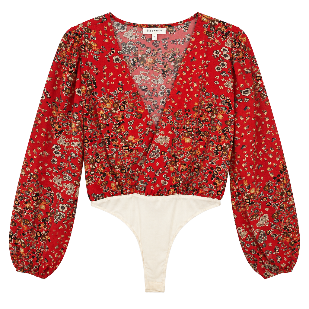 Bae Vely Floral Bodysuit Size M Red Long Sleeve Wrap V-Neck 1