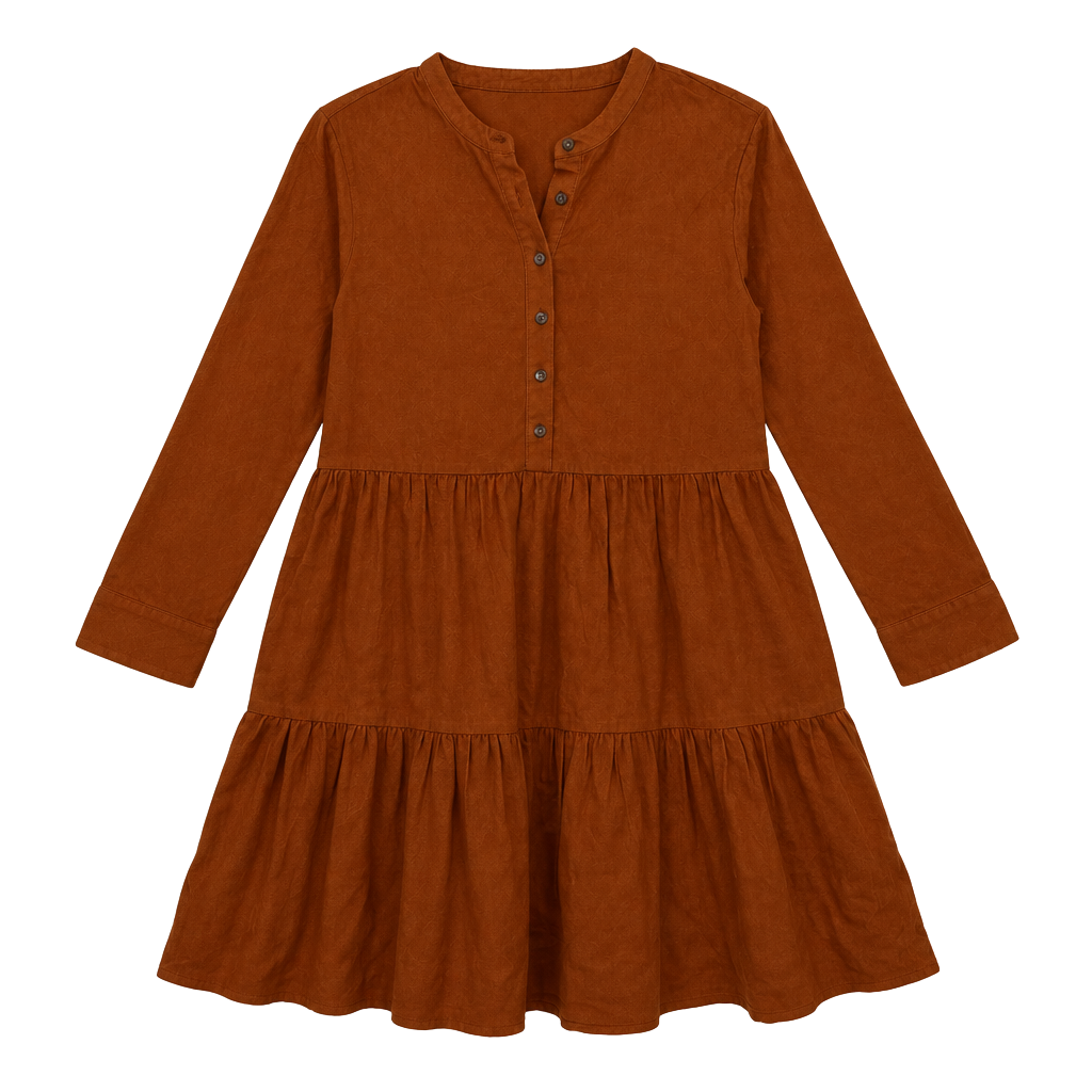 100% Cotton Madewell Tiered Mini Dress Size XS Rust Brown Long Sleeve Button Front 1
