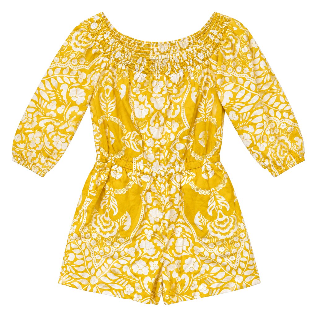 100% Cotton Boden Floral Print Off Shoulder Romper Size US 6P Yellow White 1