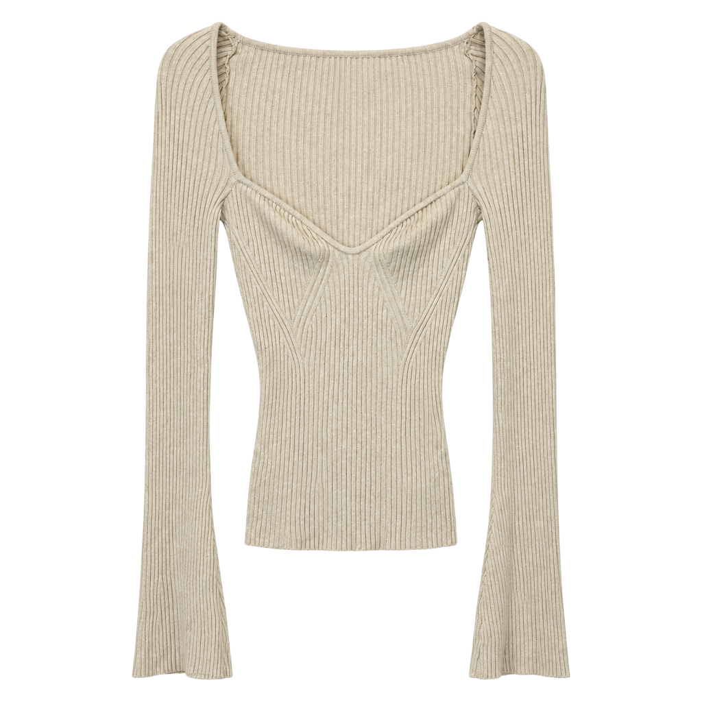 H&M Ribbed Long Sleeve Top Size XS Beige Sweetheart Neck Fitted 1