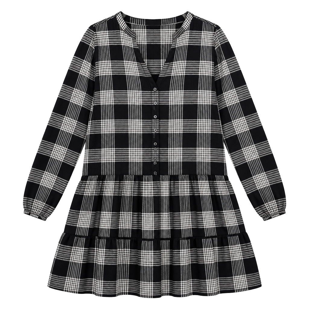 Loft Plaid Tiered Dress Size 8 Black White Long Sleeve Button Front 1