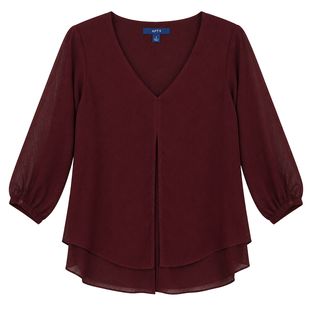 Apt. 9 V-Neck Blouse Size S Burgundy Sheer Long Sleeve Layered Top 1