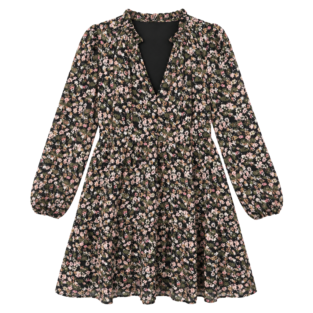 Time And Tru Dress Size S (4-6) Black Floral Long Sleeve Ruffle Neck 1
