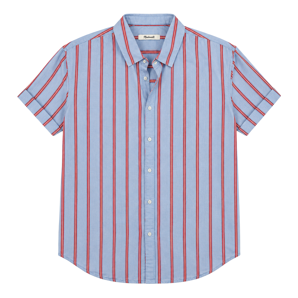 100% Cotton Madewell Short Sleeve Button Up Shirt Size S Blue Red Striped 1