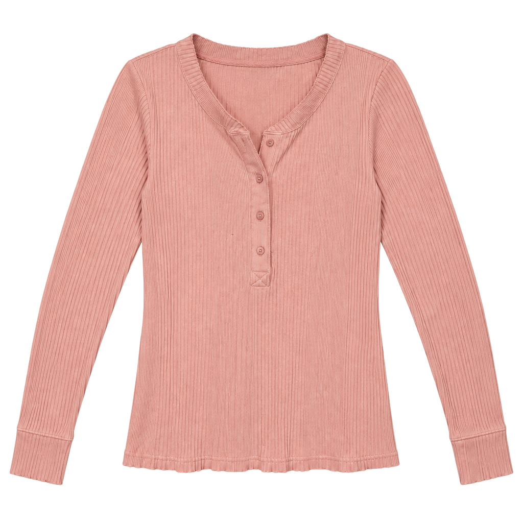 Aerie Long Sleeve Ribbed Henley Top Size XL Pink Cotton 1